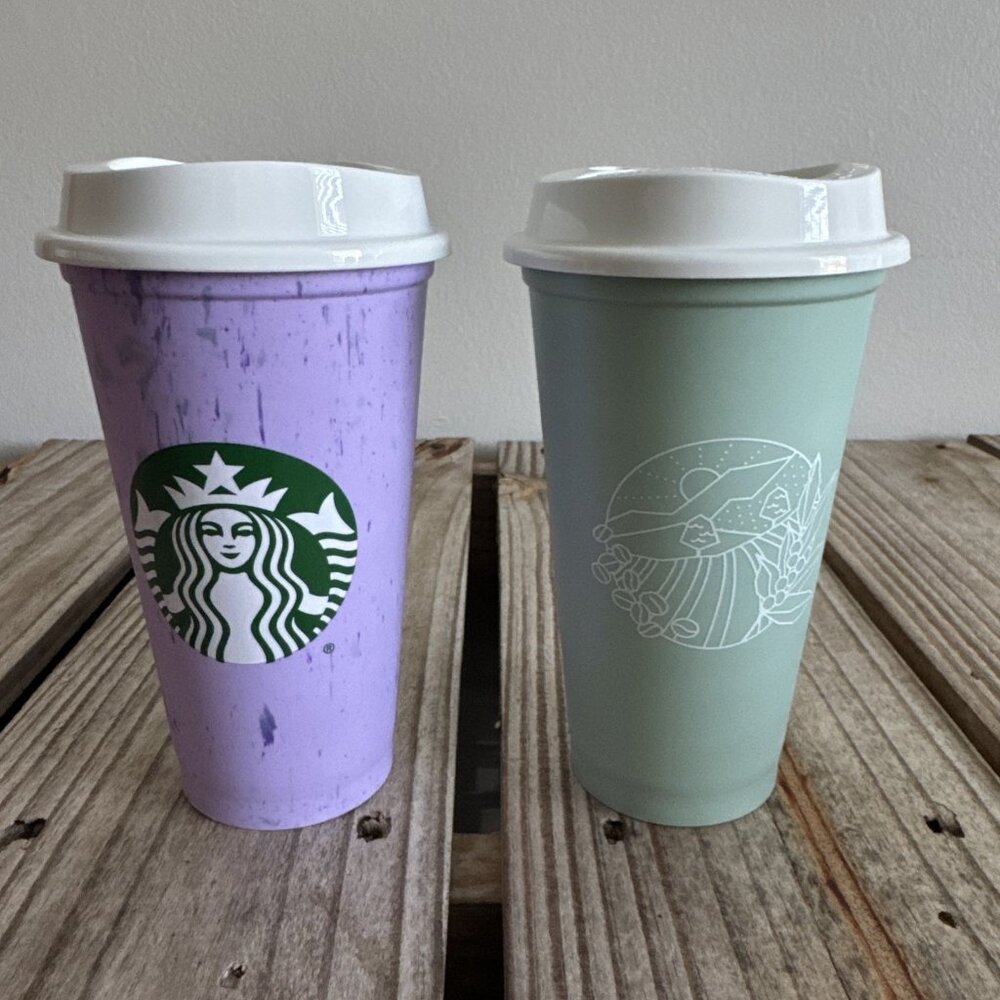 Lot‎ of 2 Starbucks 16 ounce Reusable Coffee Cups Green Purple